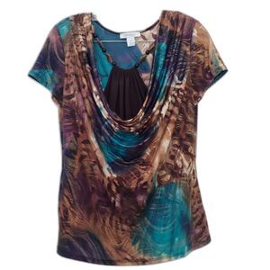 Dressbarn Top Teal Gold Petite M Cowlneck Beaded Neckline Short Sleeve Blouse